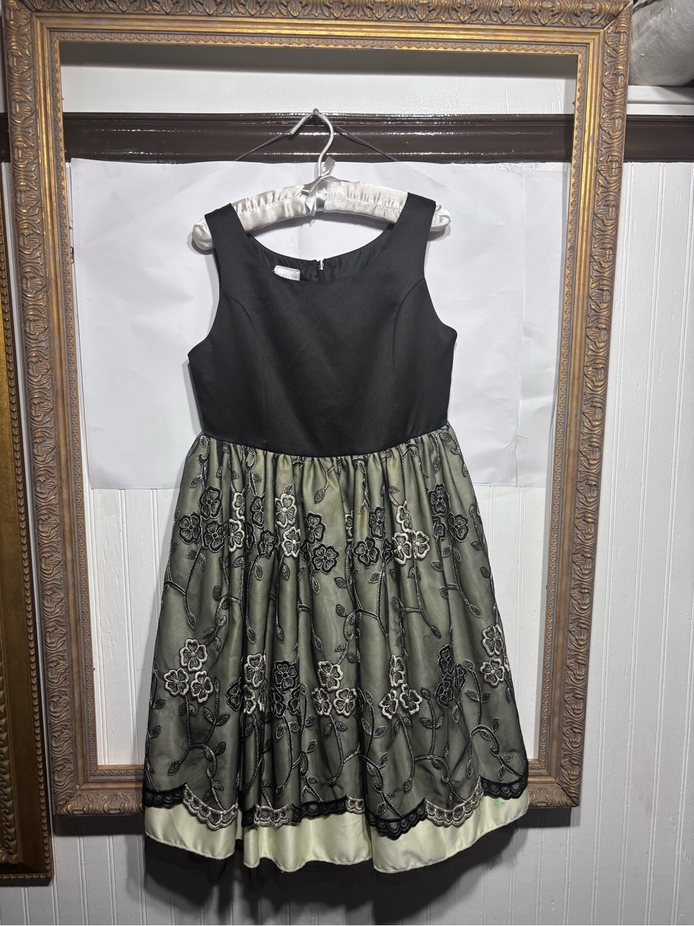 Girl’s beautiful formal black with silver floral appliqué dress.